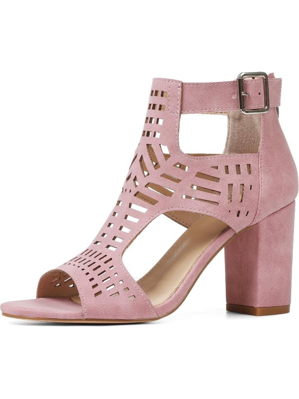 Women's Pink Summer Open Toe Bohemian Cutout Wedge Chunky Block Heeled Sandals